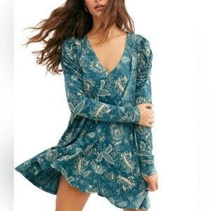 Free People Aqua Blue Baroque Boho Flowy Long Sleeve Top Size Small EUC